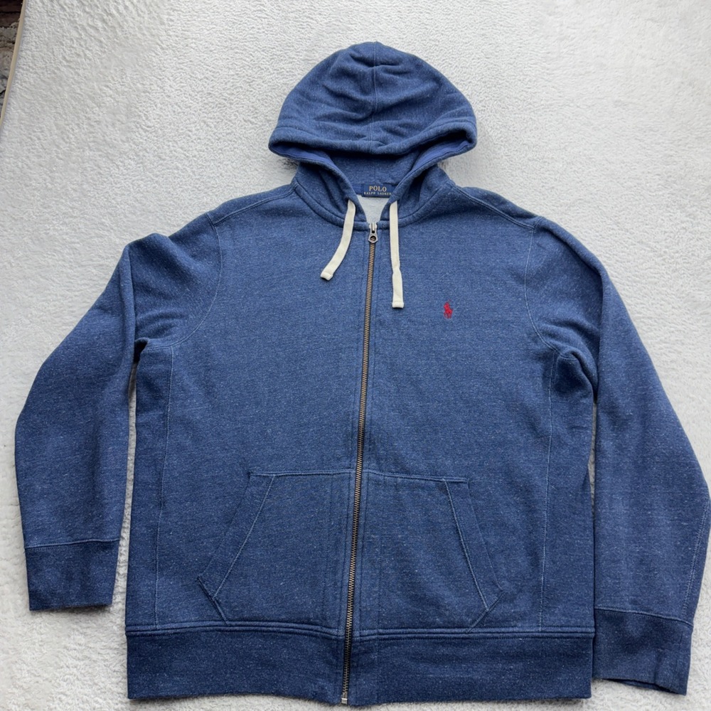 Polo Ralph Lauren Men XL Full Zip Hoodie Heather Blue Red Pony Fleece Sweatshirt
